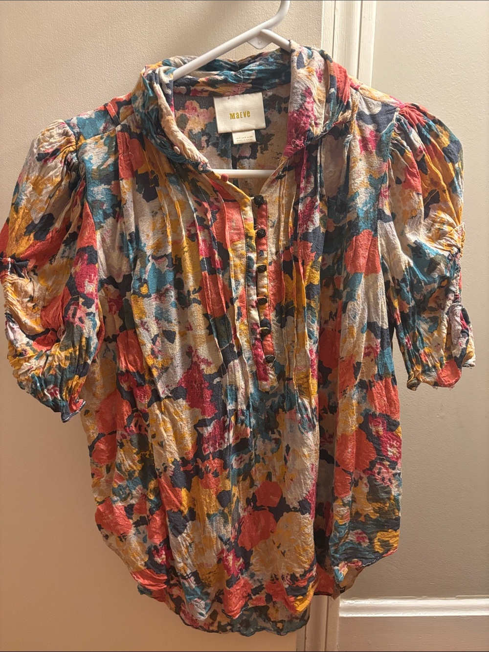 Maeve Multicolor Floral Puff Sleeve Button-Front Blouse
